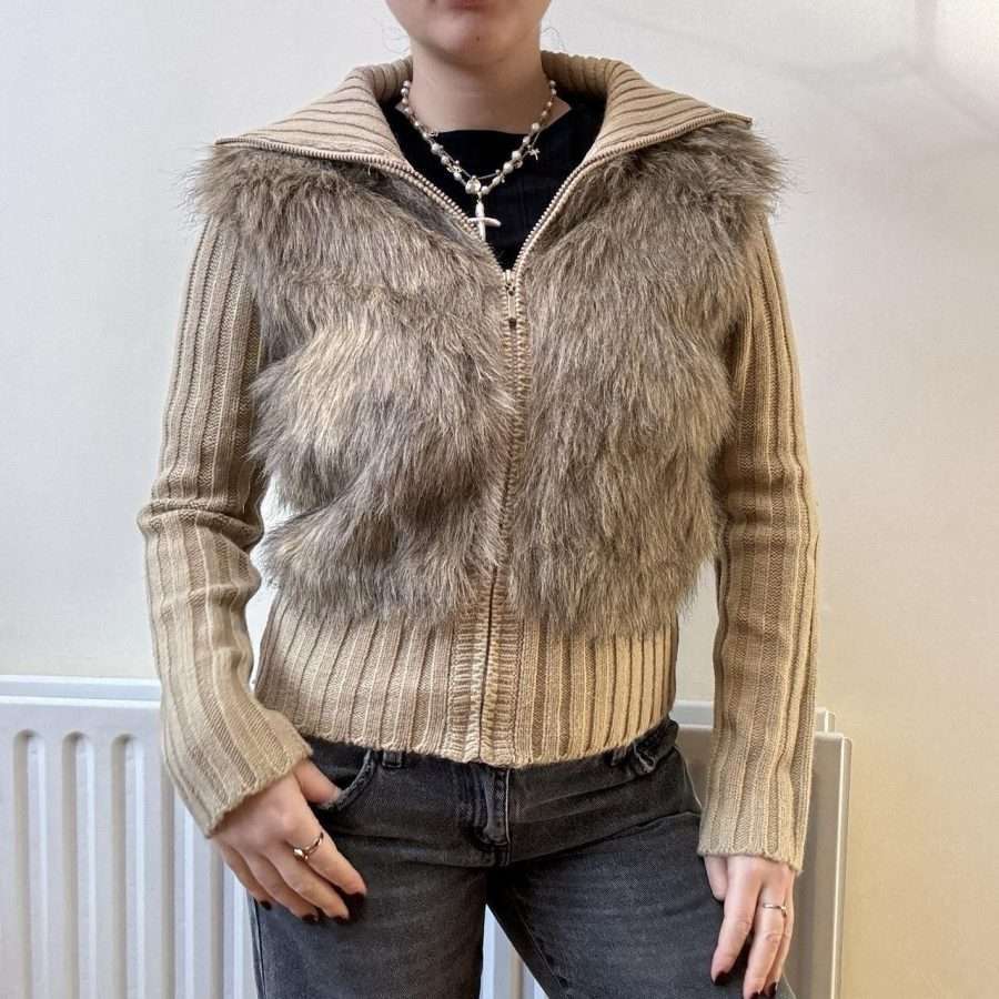 Shop All 205 Cream Faux Fur Knit Zip Up (M)