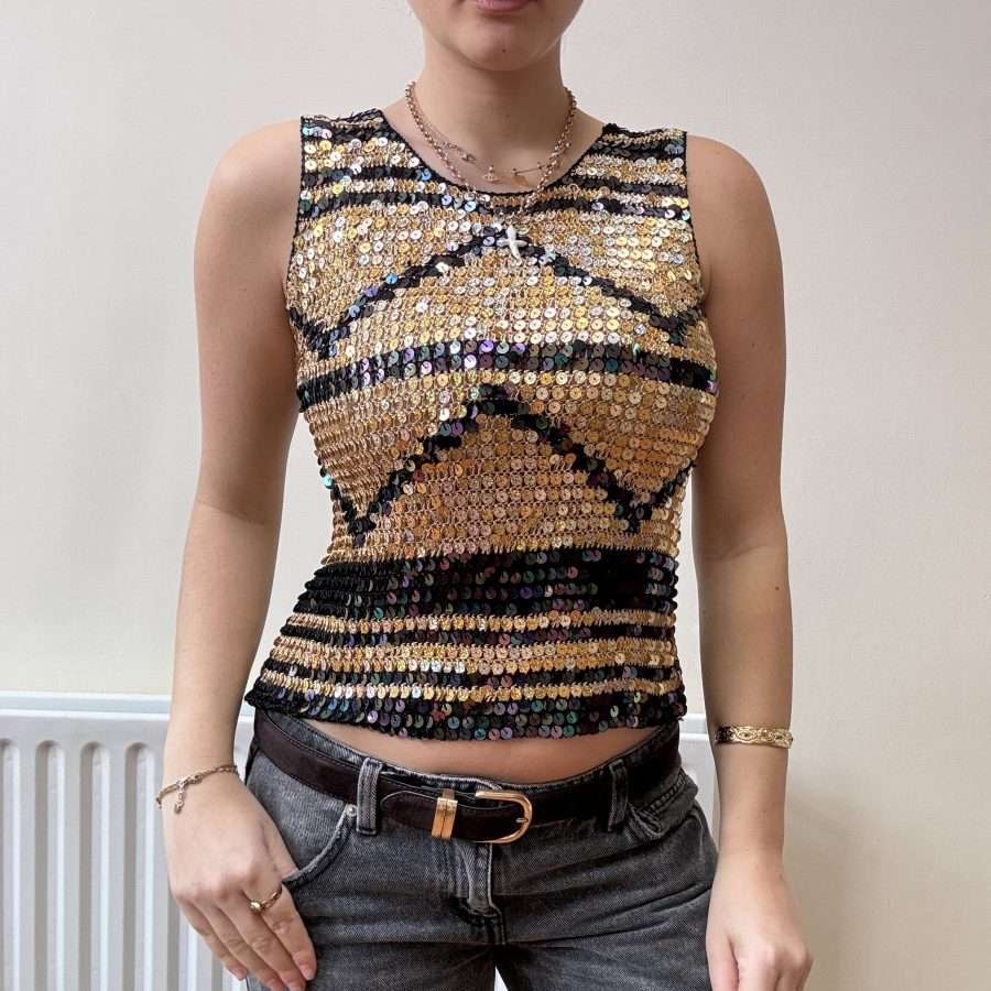 Shop All 201 Gold & Black Sequin Crochet Top (S)