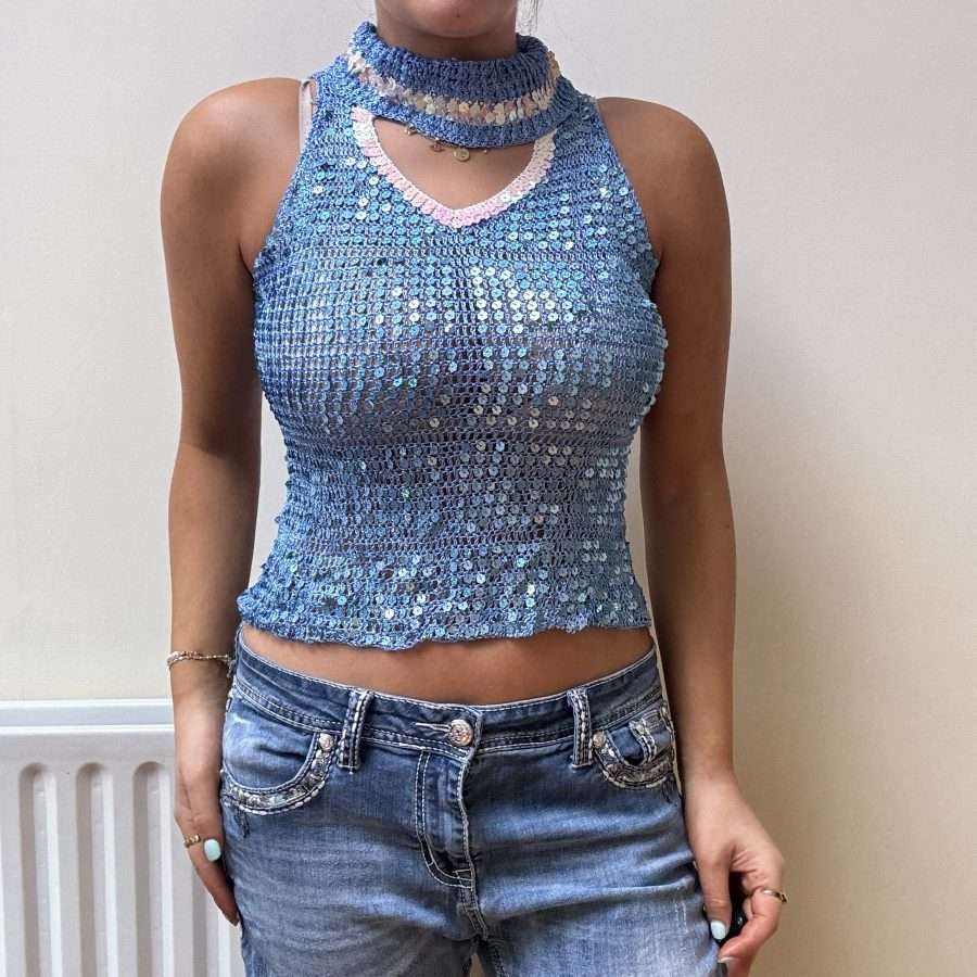 Shop All 45 Blue Crochet Sequin Top (S/M)